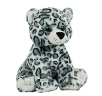 A plush toy of a snow leopard sitting on its hind legs against a white background.