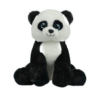 A stuffed panda bear toy with black and white fur and blue eyes is sitting on a white background.