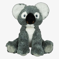 A stuffed koala bear sitting on its hind legs with its arms and legs spread out.
