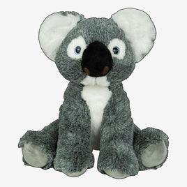 A stuffed koala bear sitting on its hind legs with its arms and legs spread out.