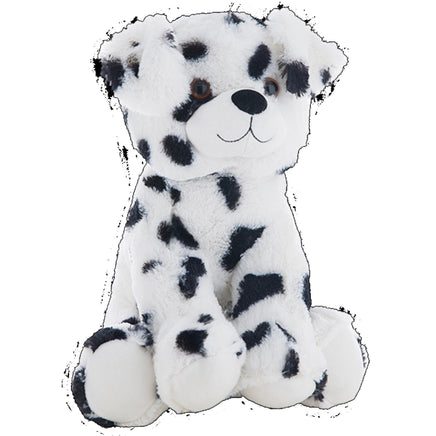 A stuffed dog toy with a spotted pattern, sitting on its hind legs.