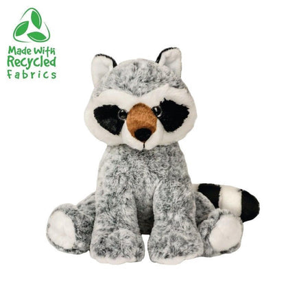 A plush toy of a raccoon sitting on its hind legs against a white background.