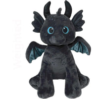 A plush toy of a dragon-like creature with large blue eyes, black wings, and a black body.