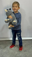 A young boy is holding a large stuffed rhino toy and smiling at the camera.