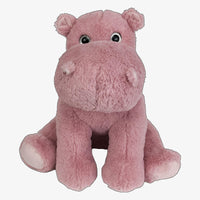 A pink stuffed hippo toy sitting on its hind legs.