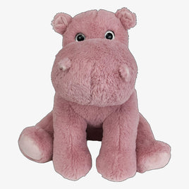 A pink stuffed hippo toy sitting on its hind legs.