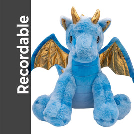 A plush blue dragon toy with gold accents, sitting on a white background.