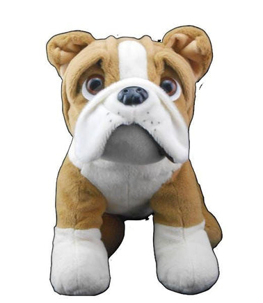A stuffed toy dog with a brown and white color pattern and large, expressive eyes.