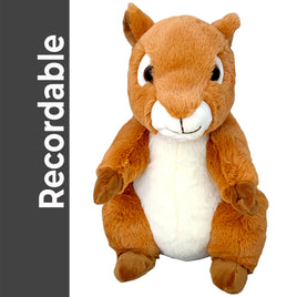 A stuffed toy squirrel with a white belly and brown fur.