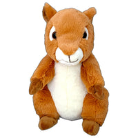 A stuffed toy squirrel with a brown and white fur pattern.