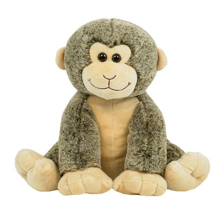 A stuffed monkey toy with a beige and brown color scheme sits on a white background.