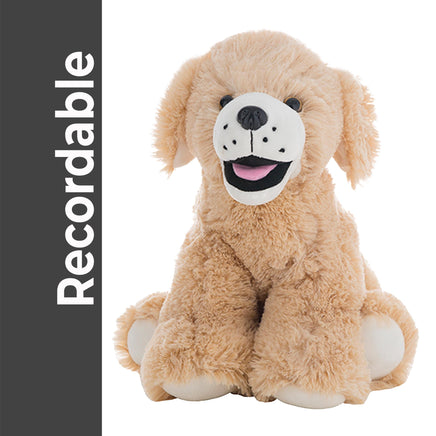 A stuffed dog toy with a friendly expression, sitting on a white background.