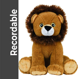 A brown plush toy lion with a fluffy mane and big eyes sits on its hind legs against a white background.