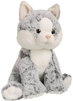 A plush gray and white cat toy with large eyes and a pink nose sits on a white background.