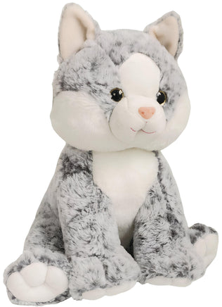 A plush gray and white cat toy with large eyes and a pink nose sits on a white background.