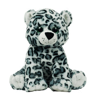 A plush toy of a snow leopard sitting on its hind legs.