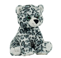A plush toy of a snow leopard sitting on its hind legs against a white background.