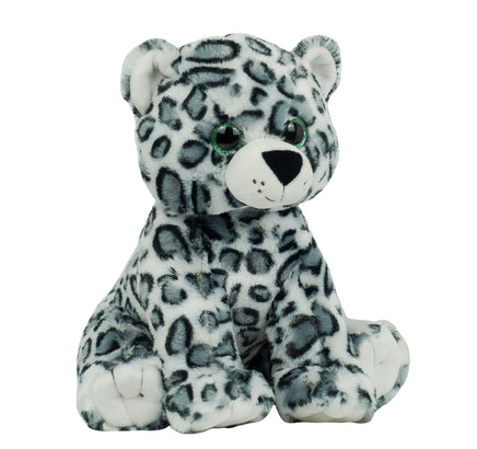 A plush toy of a snow leopard sitting on its hind legs against a white background.