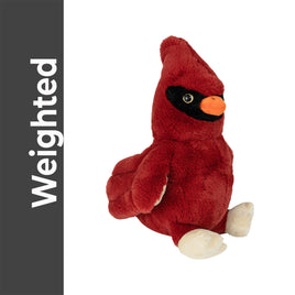 A red plush toy of a cardinal bird, with a black beak and feet, is sitting on a white background.