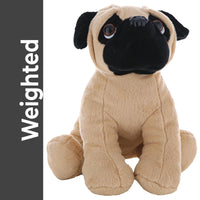 A stuffed pug toy with a black nose and eyes, sitting on its hind legs against a white background.