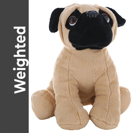 A stuffed pug toy with a black nose and eyes, sitting on its hind legs against a white background.