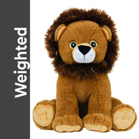 A stuffed toy lion with a fluffy brown mane and a white nose, sitting on its hind legs.