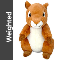 A stuffed toy squirrel with a white belly and brown fur.