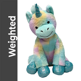 A plush toy of a unicorn with a rainbow-colored mane and tail, sitting on a white background.