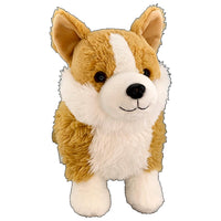 A stuffed toy dog with a tan and white color pattern and a black nose.