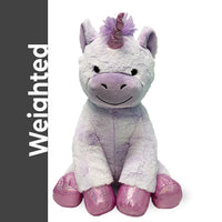 A plush toy of a unicorn with a pink horn and feet, sitting on a white background.