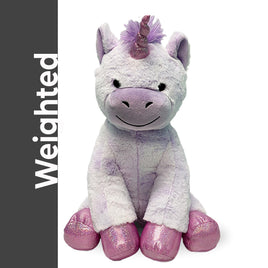 A plush toy of a unicorn with a pink horn and feet, sitting on a white background.