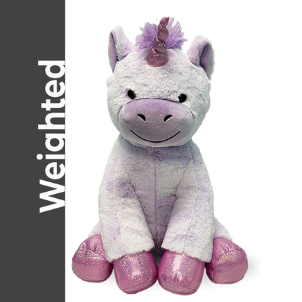 A plush toy of a unicorn with a pink horn and feet, sitting on a white background.