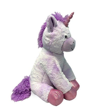A plush toy of a unicorn with a pink mane and tail, sitting on a white background.