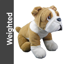 A stuffed toy dog with a tan and white color pattern and a black nose.