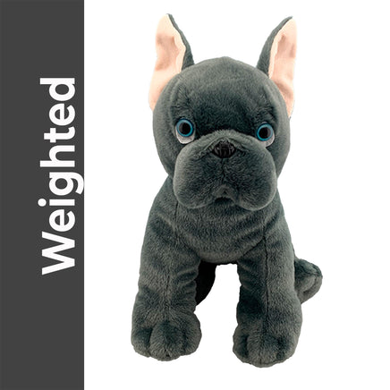 A plush toy of a black dog with large blue eyes and a wrinkled face, sitting on a white background.