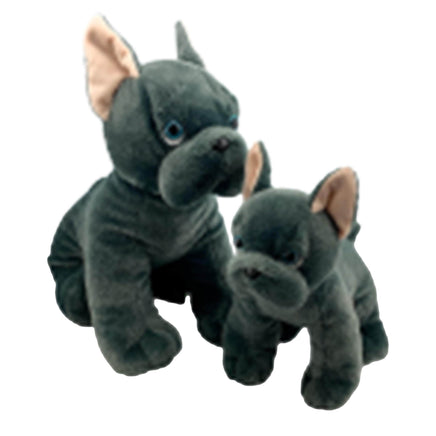 Two plush toy dogs of the same size and color, one larger and one smaller, sitting together against a white background.