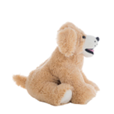 A tan stuffed dog toy is sitting on a white background.