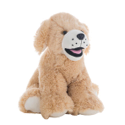 A light brown stuffed dog toy with a white face and black spots sits on a white background.
