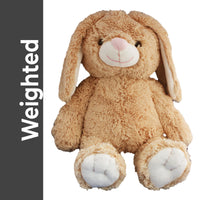 A brown stuffed bunny toy with white paws and ears, sitting on a white background.