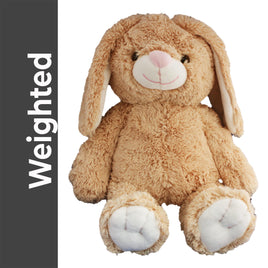 A brown stuffed bunny toy with white paws and ears, sitting on a white background.