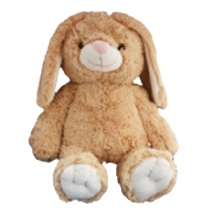 A brown stuffed bunny toy with white paws and ears.