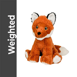 A stuffed toy fox is sitting on a white background.