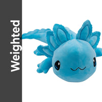 A plush toy of an axolotl, a type of salamander, is shown in the image.