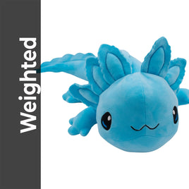 A plush toy of an axolotl, a type of salamander, is shown in the image.