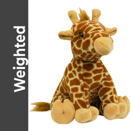 A stuffed giraffe toy is sitting on a white background.