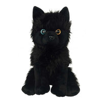 A black plush toy dog with large, round eyes and a fluffy, furry appearance.