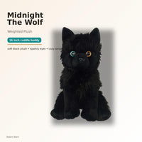 a plush toy of a black wolf, with a description of the toy as a 16-inch cuddly buddy with a soft black plush, sparkling eyes, and a cozy weight.