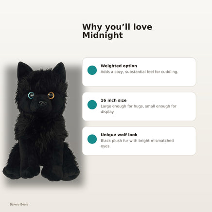 a black plush toy dog with large eyes and a unique wolf-like appearance. The dog is sitting on a white background, and there are three descriptions provided about the toy: it is a "weighted option" that adds a cozy, substantial feel for cuddling, it is a "16 inch size" that is large enough for hugs, small enough for display, and it has a "unIQUE wolf" look with a black plush fur that brightens mismatched eyes.