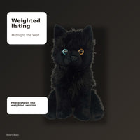 The image is a black plush toy of a wolf, with a text box above it that reads "Weighted Listing Midnight the Wolf".