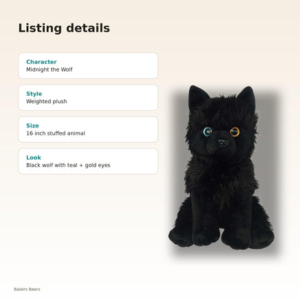 a black stuffed animal dog with teal and gold eyes, sitting on its hind legs.